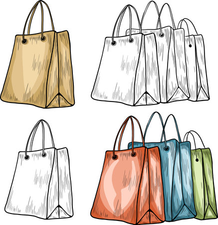 Shopping bags icon set with stroke line, paper bags icon, vector, silhouette. Package design, Grocery bag, Online Shop Symbol, Paper hand bag, gift bag illustration. Vector illustration.のイラスト素材