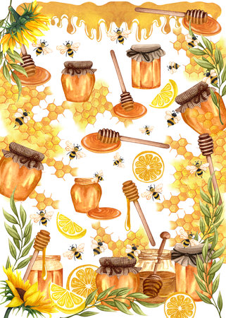 Watercolor honey pattern background cards. Cooking, baking and sweets.の写真素材