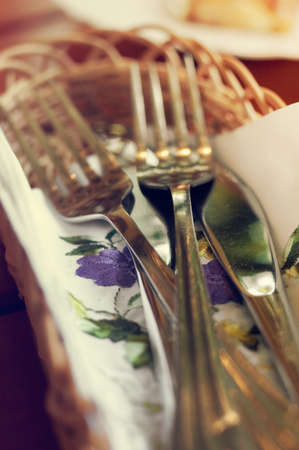 Fork and Knife on cloth with embroidered flowers