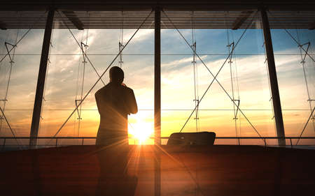 businessman thought in office sunset silhouette rendered by computer graphic の写真素材