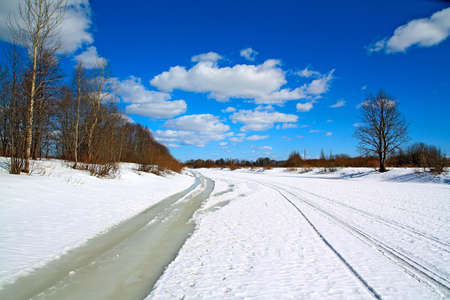 winter road on ice riverの写真素材