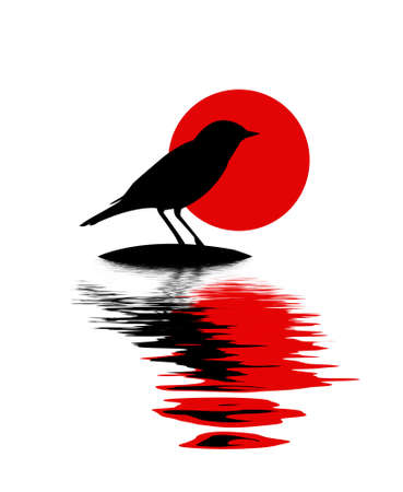 silhouette of the bird on stone amongst waterのイラスト素材