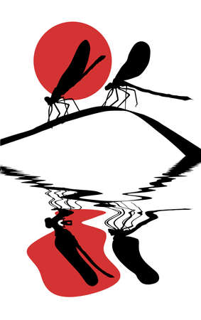   silhouette two dragonflies on herbのイラスト素材