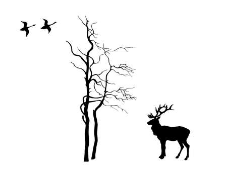 vector silhouette deer near tree on white backgroundのイラスト素材