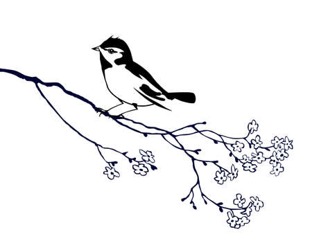vector silhouette of the bird on branch treeのイラスト素材