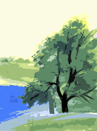 simple drawing summer landscapeのeditorial素材