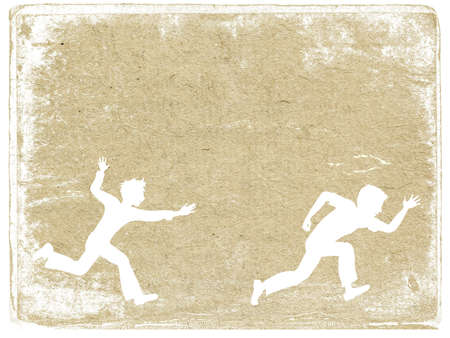 two running boy on old paperの写真素材