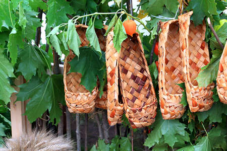 wooden footwear amongst green sheetの写真素材
