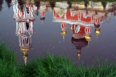 church reflection in river waterのeditorial素材