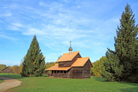 aging wooden chapel in village