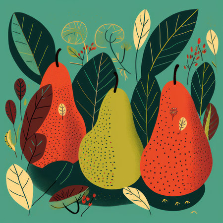 Pear, leaves, berries and plants. Minimalistic modern abstract illustration.の素材