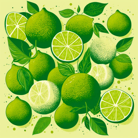 Citrus background with limes and leaves. Minimalistic modern abstract illustration.の素材