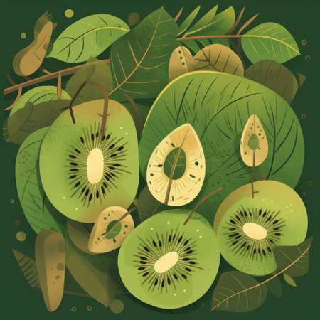 Vector illustration of kiwi fruit with leaves on green background. Minimalistic modern abstract illustration.の素材