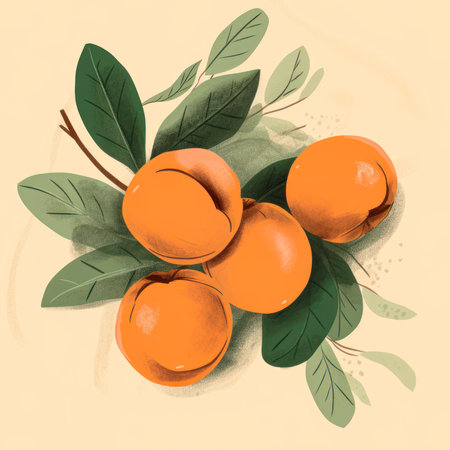 Apricots with leaves on a beige background. Minimalistic modern abstract illustration.の素材