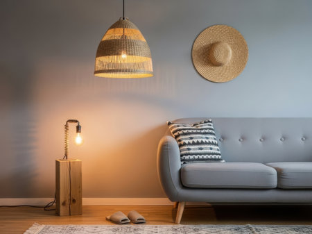 A contemporary living room scene bathed in warm, natural light. The image showcases a comfortable gray sofa with a patterned cushion, a distinctive woven pendant lamp hanging from the ceiling, and an industrial-style desk lamp with a wooden base. A straw hat is mounted on the wall, adding a bohemian touch. A pair of slippers rests on the rug near the sofa, suggesting a relaxed atmosphere.の素材