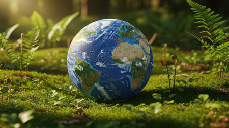 Globe resting on verdant forest floorの素材