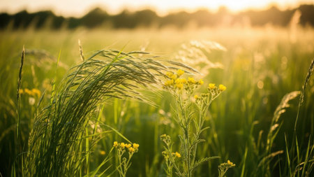 Golden meadows in gentle evening lightの素材