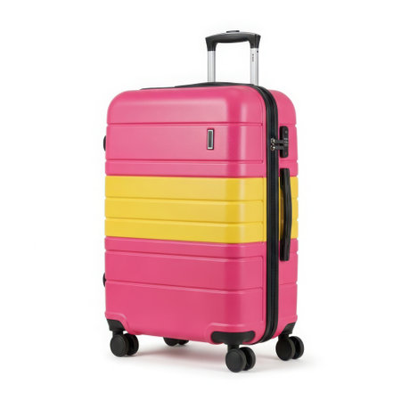 Pink and yellow suitcase, isolated on white backgroundの素材