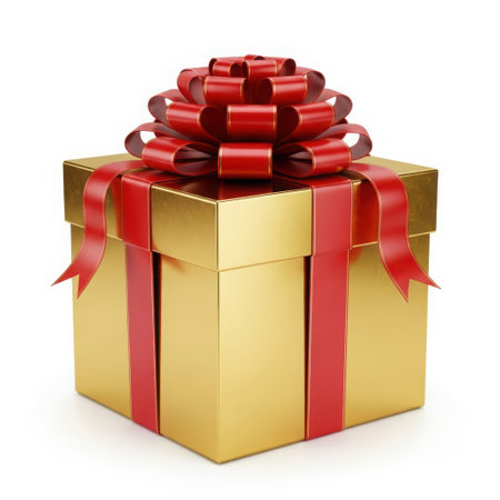 Golden gift box with red bow, isolated on white backgroundの素材