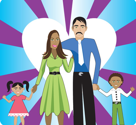 A beautiful interracial family of 4 showing their love and happiness for each other.のイラスト素材