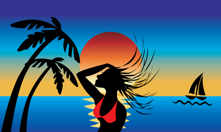 A silhouette of an Island girl swinging wet hair with a beautiful sunset background.のイラスト素材