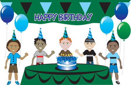 A birthday party with cake. Five young happy kids celebrating. Can be used as an invitation. Available in all girls, all boys and mixed group of kids.のイラスト素材