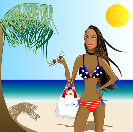 Patriotic Beach Scene with Biracial Caribbean Latin Woman. Vector.のイラスト素材