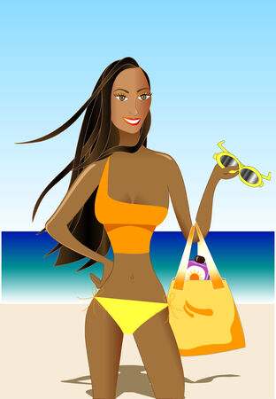 Beach Scene with Biracial Caribbean Latin Woman. Vector.のイラスト素材