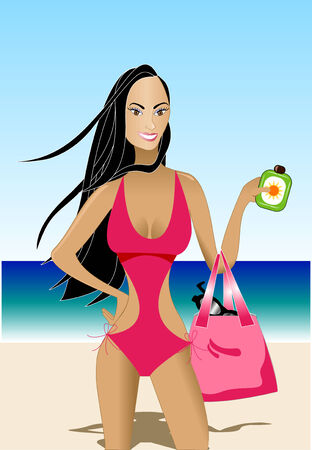 Beach Scene with Asian Woman. Vector.のイラスト素材