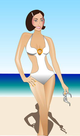 Beach Scene with Caucasian Woman. Vector.のイラスト素材