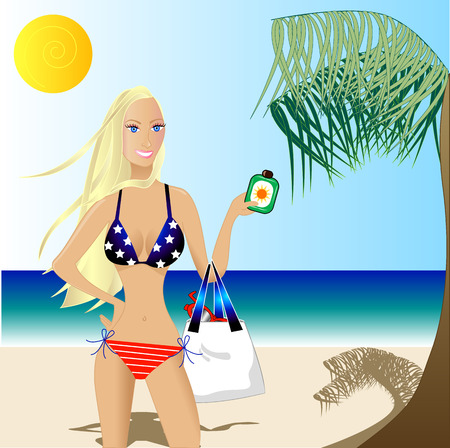 4th of July Beautiful Woman in a Bikini, Patriotic Beach Scene with White Caucasian Woman. Vector.のイラスト素材