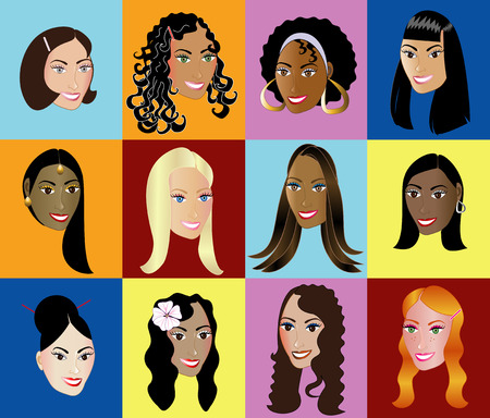 12 Women Faces Diversity with a colorful background. Vectorのイラスト素材