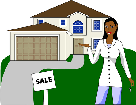 A real estate agent with keys advertising a house for sale.のイラスト素材