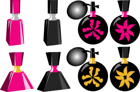 Eight Perfume Bottles of different shapes and sizes.のイラスト素材