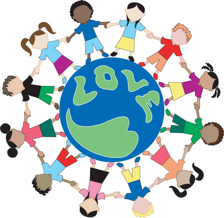 Children from all around the world sharing, showing love and holding hands. Children from America, Africa, Asia, Australia, Caribbean and Middle East. Also available in other sets.のイラスト素材