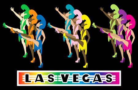 Las Vegas Showgirl Dancers performing with high kicks. Used tiltawhirl font.のイラスト素材