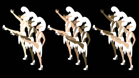 Las Vegas Showgirl Dancers with costumes giving high kicks.のイラスト素材