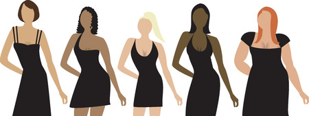 Five women of different shapes, sizes and ethnicities with black dress. Can be used for a party invitation, diversity or sizing.のイラスト素材