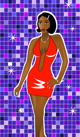 A woman with a disco/party like background dressed for the occasion. のイラスト素材