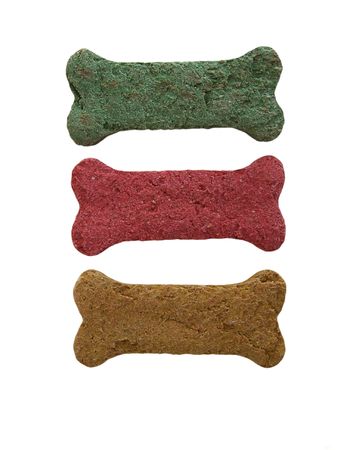 Photo of three dog bisquits/bones in different colorsの写真素材