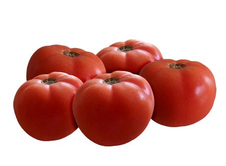 5 red tomatoes isolated on a white background.の写真素材