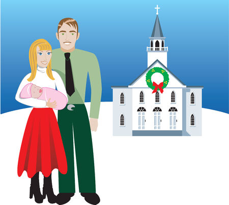 Vector Illustration of Family number 4. A family of 3 in front of church during Christmas time. Has room for message or text.のイラスト素材