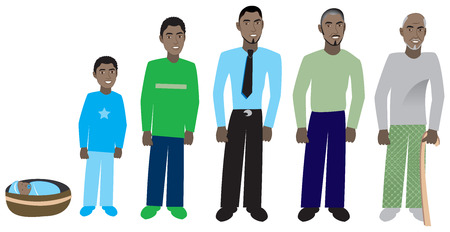 Male age progression, available for females and in different skin tones. Six different ages. Vector Illustration.のイラスト素材