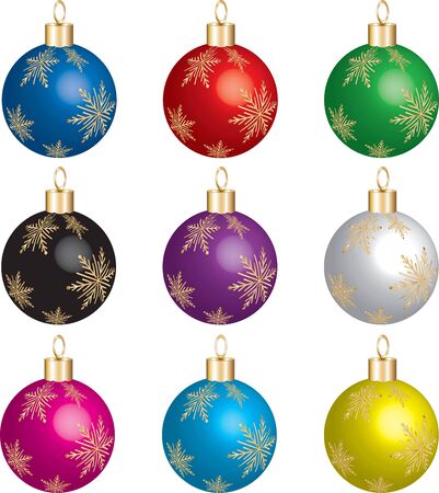 Set of 9 christmas ornaments with gold snowflakes.の写真素材