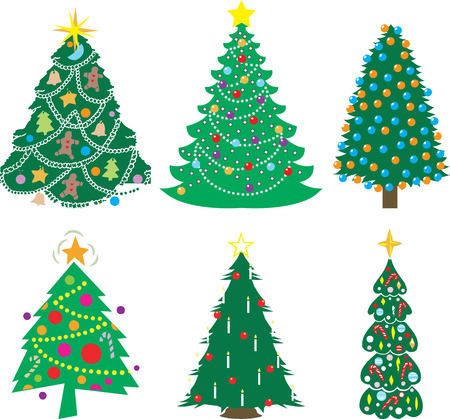 A Variety of six decorated Christmas Trees. Vector Illustrationのイラスト素材
