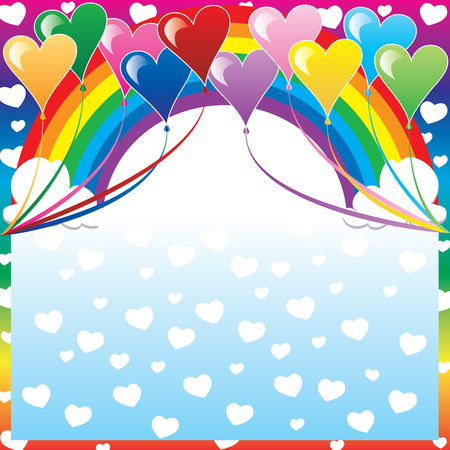 Illustration of 10 Heart balloons with a colorful background and a place for text or imagery. のイラスト素材