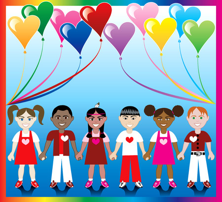 Vector Illustration of 10 Heart balloons with a colorful backgound and kids holding hands with Love colors and Hearts. のイラスト素材