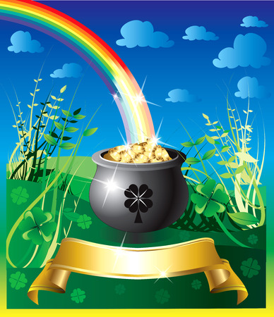 Illustration of pot of gold rainbow with a colorful background and a place for text or imagery. のイラスト素材