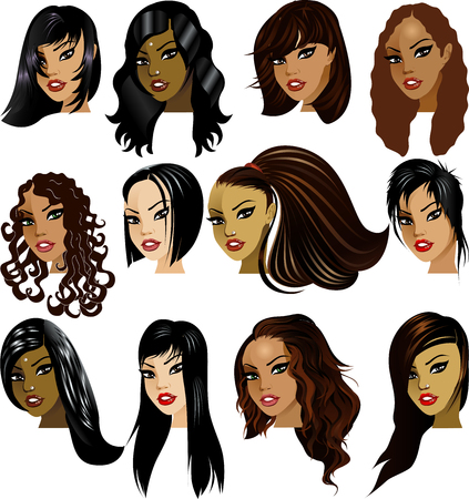  Illustration of Indian, Asian, Oriental, Middle Eastern and Hispanic Women Faces. Great for avatars, makeup, skin tones or hair styles of dark haired women.のイラスト素材