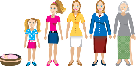 Female age progression, available for males and in different skin tones. Six different ages. のイラスト素材